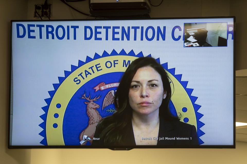 In this image made from video, Allegheny County Controller Chelsa Wagner appears in a video arraignment at 36th District court in Detroit, Monday, March 25, 2019. Wagner, an elected official from Pittsburgh, and her husband have been arraigned on charges stemming from an altercation with Detroit police at a hotel. (David Guralnick/Detroit News via AP)