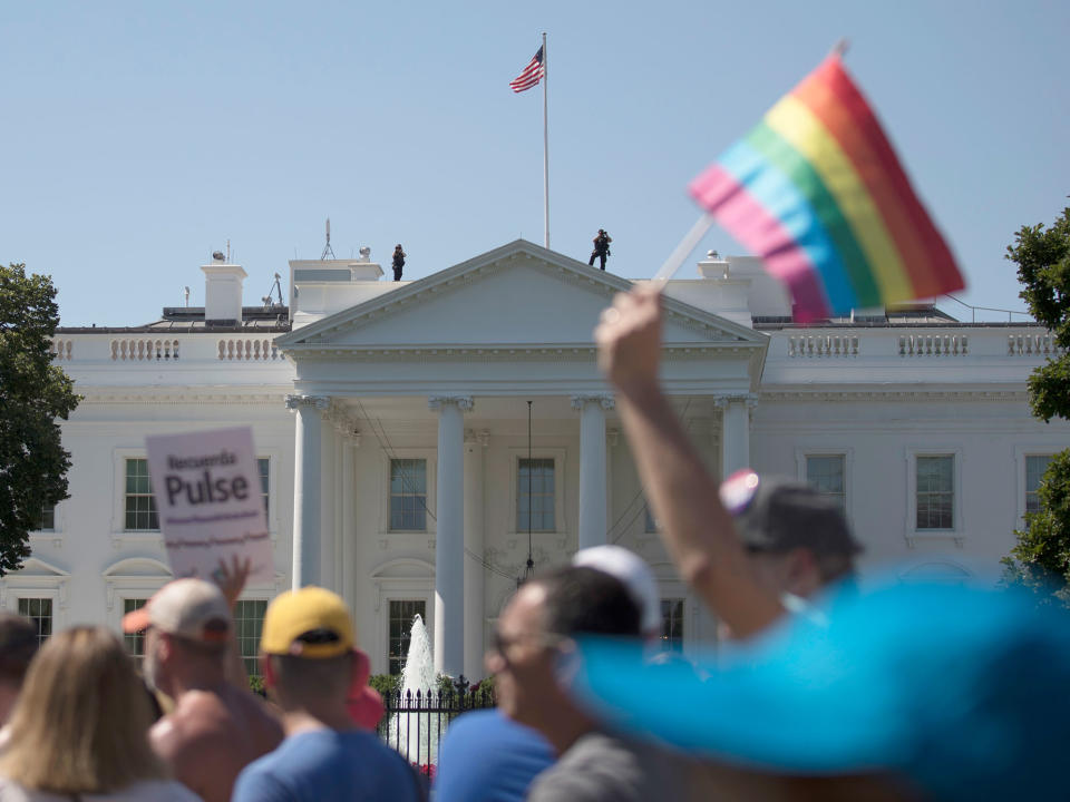 <p>Equality March for Unity and Pride participants march past the White House in Washington, Sunday, June 11, 2017. (Photo: Carolyn Kaster/AP) </p>