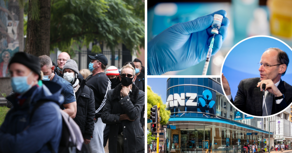 People line up in Sydney wearing masks. Gloved hands preparing a COVID-19 vaccine. ANZ CEO Shayne Elliott on a blue background. The exterior of an ANZ branch.