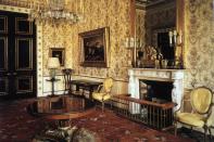 <p>Pictured is one of the most popular living rooms in the palace, which features dark floral carpeting and gold wallpaper.</p>