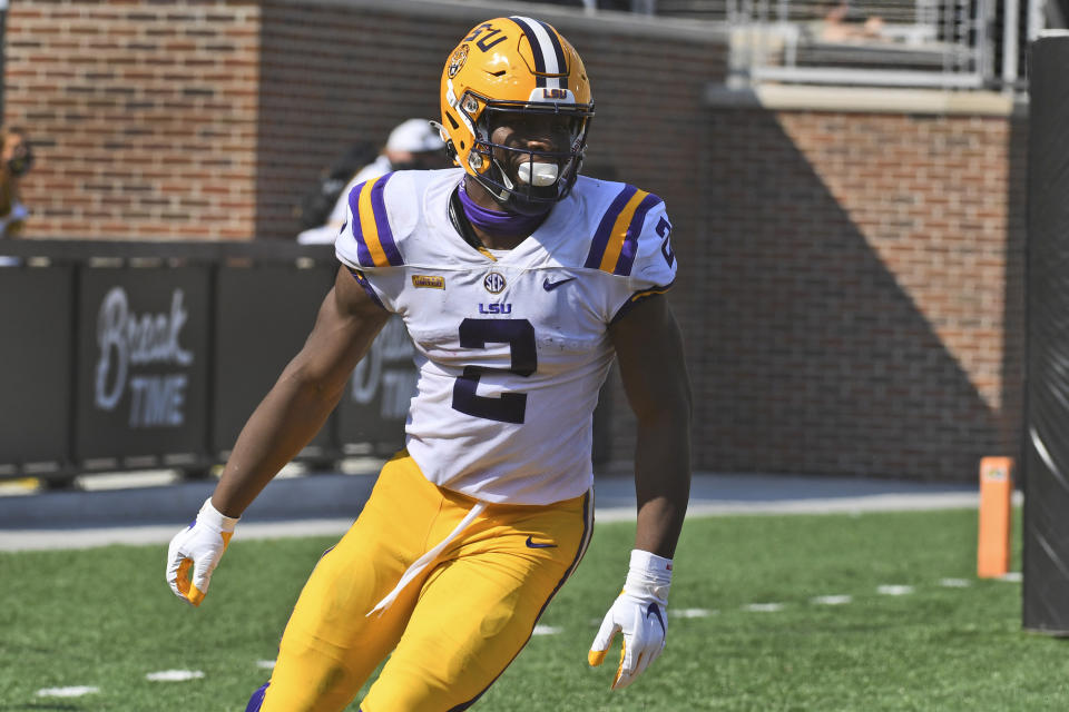 LSU tight end Arik Gilbert celebrates after scoring during the first half of an NCAA college football game against Missouri Saturday, Oct. 10, 2020, in Columbia, Mo. (AP Photo/L.G. Patterson)