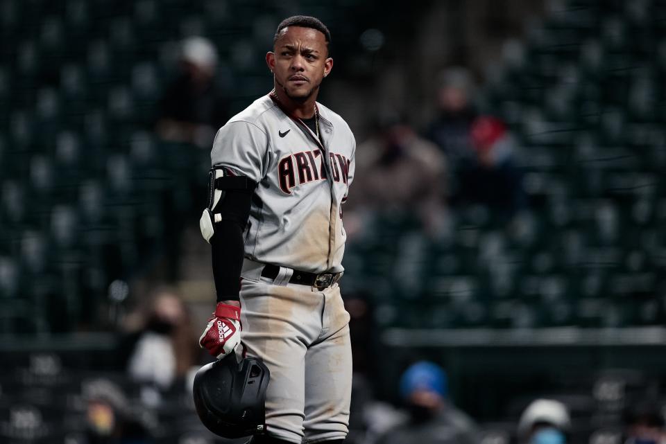 Ketel Marte frustrated after striking out in a game earlier this season.