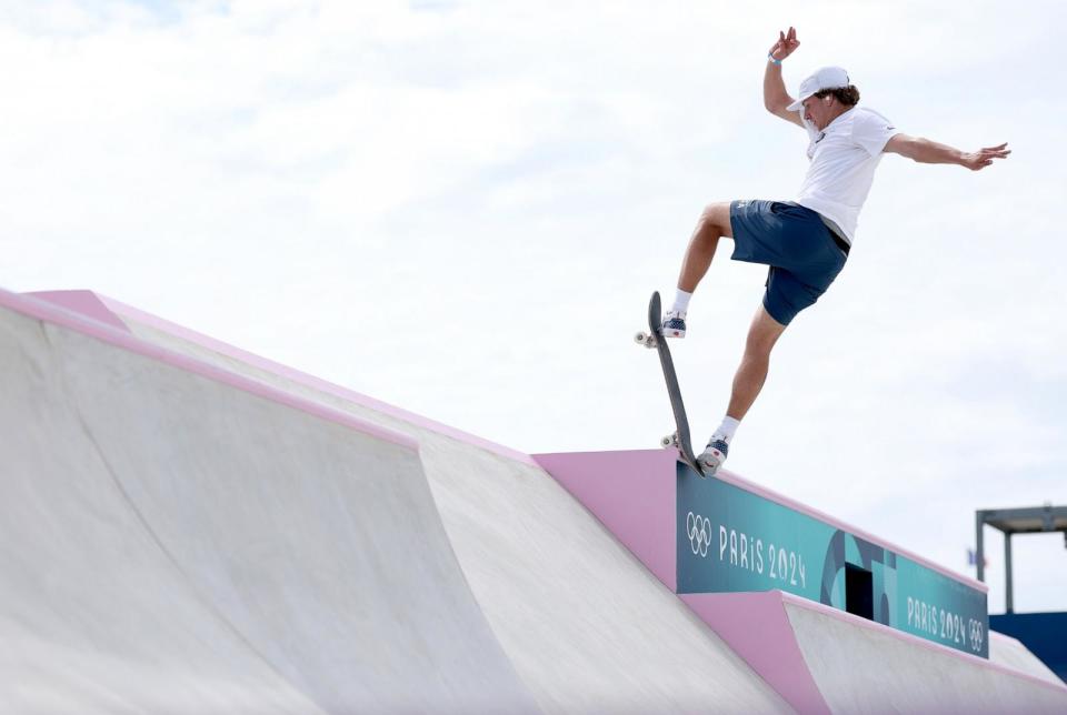 PHOTO: Jagger Eaton of Team United States trains during a Skateboarding Training Session at La Concorde ahead of the Paris 2024 Olympic Games on July 25, 2024 in Paris, France. (Patrick Smith/Getty Images)