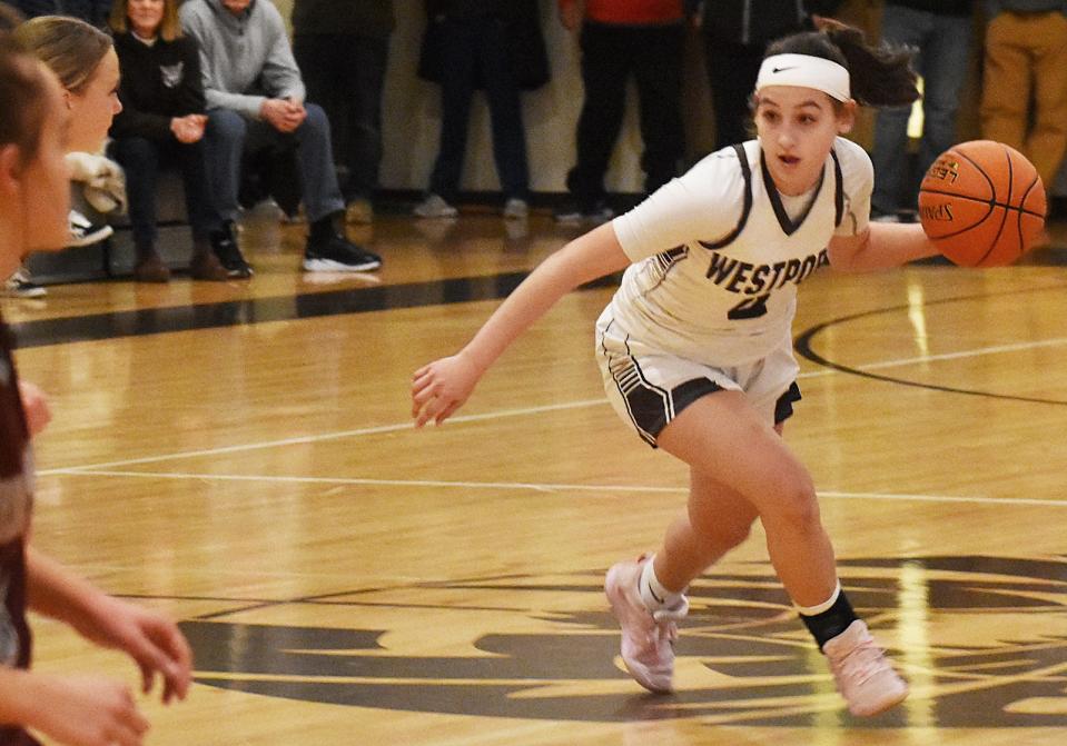 Westport's Leah Sylvain looks to drive to the basket.