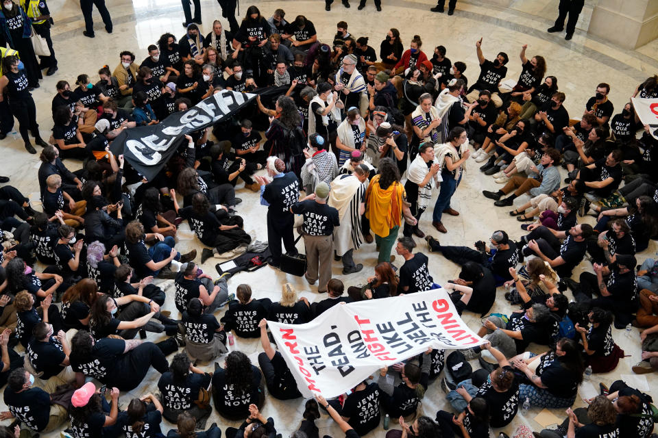 Protesters with Jewish Voice for Peace during a demonstration in the Cannon House Office Building on Capitol Hill in Washington, D.C., Oct. 18, 2023.  / Credit: Kent Nishimura/Bloomberg via Getty Images