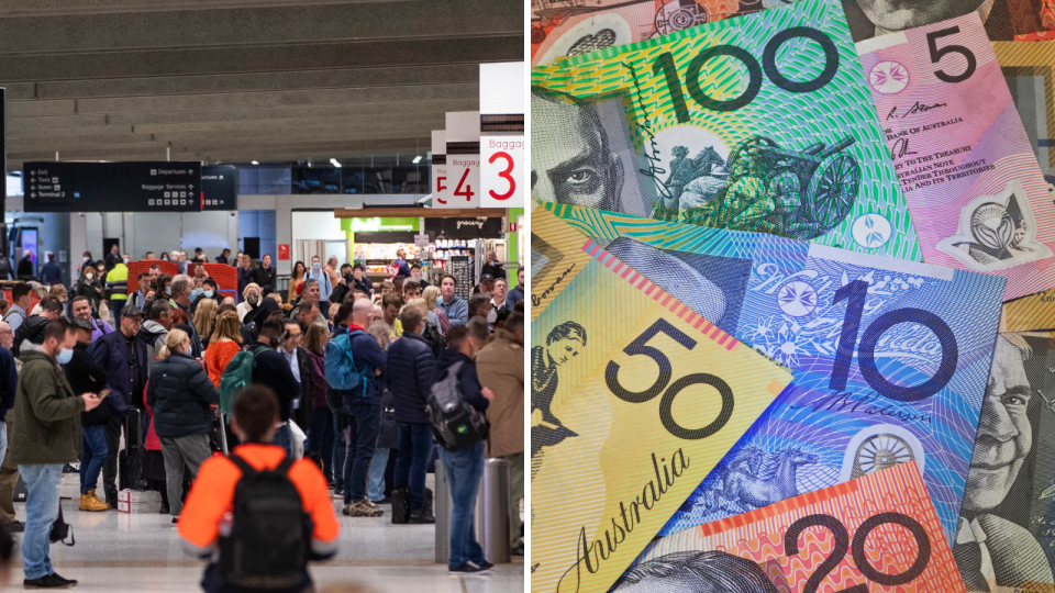Crowds at Sydney airport and Australian currency to represent spending on travel.