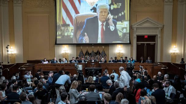 PHOTO: An image of former President Donald Trump is displayed during the third hearing of the US House Select Committee to Investigate the January 6 Attack on the US Capitol, June 16, 2022.  (Drew Angerer/POOL/AFP via Getty Images)