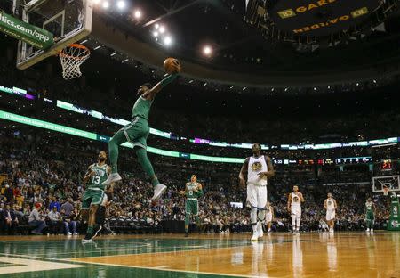 Nov 16, 2017; Boston, MA, USA; Boston Celtics guard Jaylen Brown (7) drives to the basket against the Golden State Warriors in the second half at TD Garden. Mandatory Credit: David Butler II-USA TODAY Sports