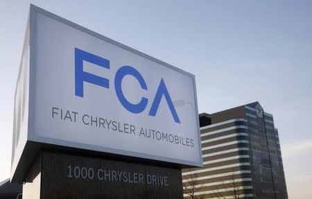 A Fiat Chrysler Automobiles sign is pictured after being unveiled at Chrysler Group World Headquarters in Auburn Hills, Michigan May 6, 2014. REUTERS/Rebecca Cook
