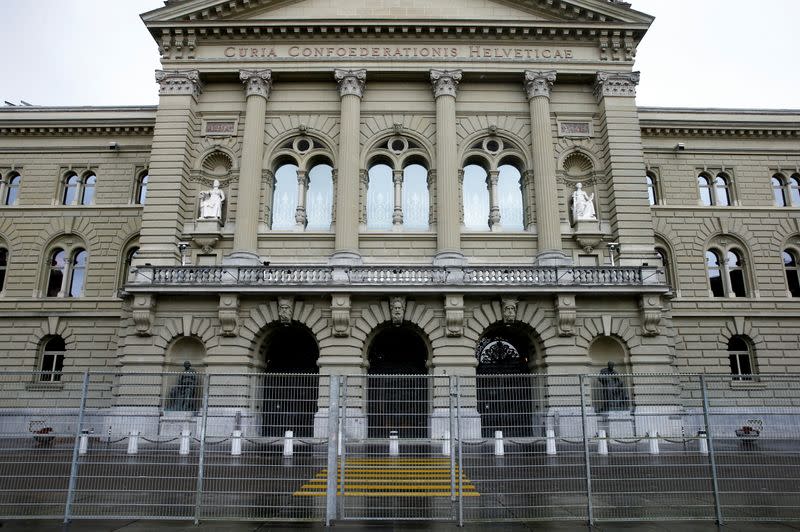 Fence is seen in front of Swiss Federal Palace in Bern