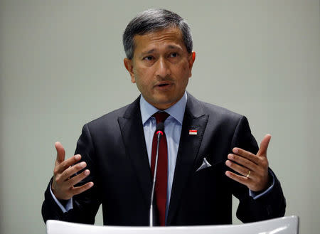 Singapore's Foreign Minister Vivian Balakrishnan speaks at the 15th ASEAN Lecture on "ASEAN: Next 50" at the ISEAS Yusof Ishak Institute in Singapore December 5, 2017. REUTERS/Edgar Su