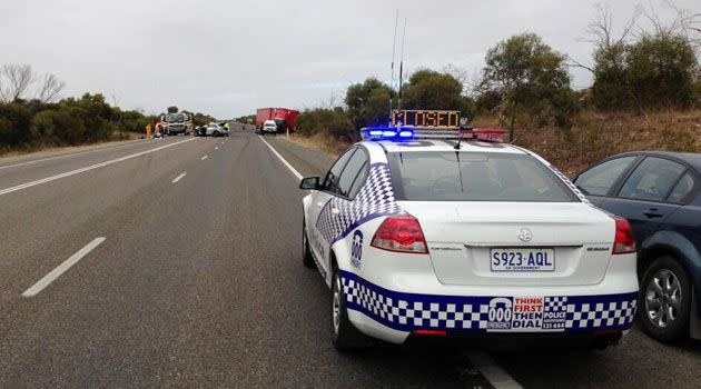 Emergency crews at the scene of the fatal crash on the Dukes Highway. Photo: Tim Morris, 7News.