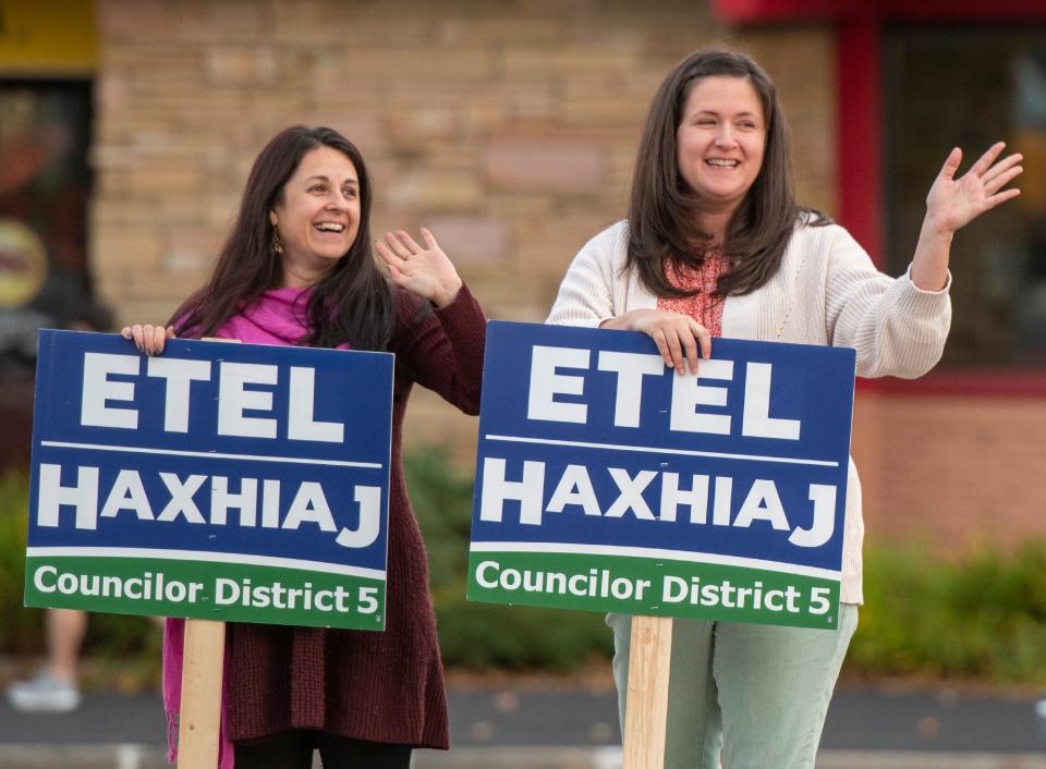 District 5 candidate Etel Haxhiaj, left, campaigns in Webster Square with supporter and District 1 candidate Jenny Pacillo in a file photo.