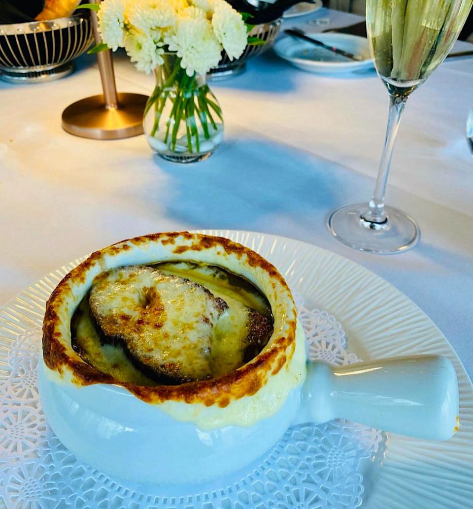 A bowl of french onion soup at Restaurant Lorena's in Maplewood