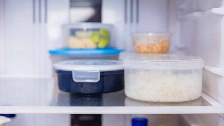 Food in containers in fridge 