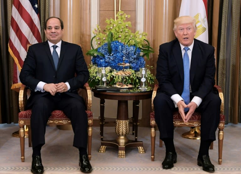 US President Donald Trump (R) and Egyptian President Abdel Fattah al-Sisi take part in a bilateral meeting at a hotel in Riyadh on May 21, 2017