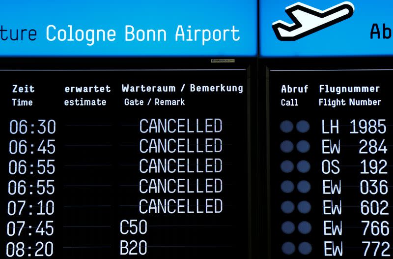 Timetable shows cancelled flights during a strike of cabin crew employees of German airline Germanwings in Cologne