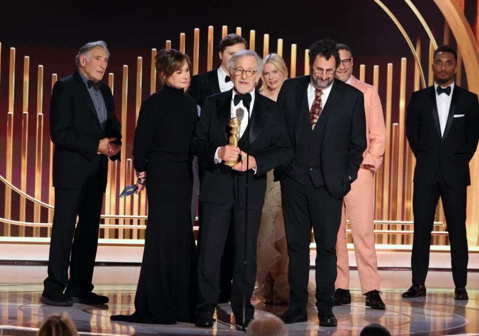 Judd Hirsch, Kristie Macosko Krieger, Paul Dano, Steven Spielberg, Tony Kushner, and Seth Rogen accept the Best Motion Picture Drama award.