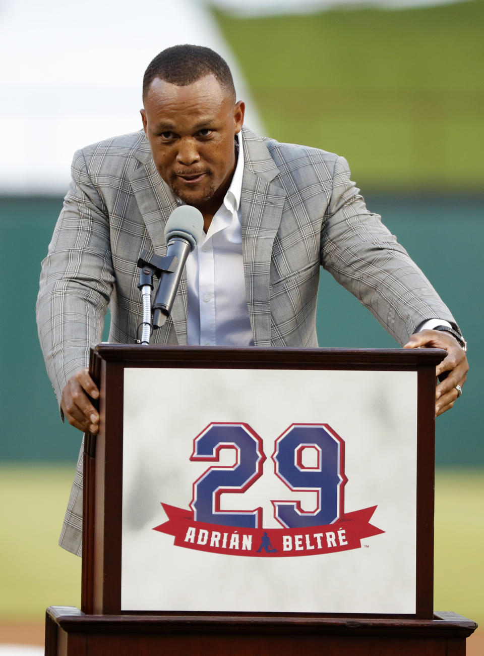 FILE - Former Texas Rangers player Adrian Beltre speaks during his jersey retirement ceremony before the second baseball game of a doubleheader against the Oakland Athletics in Arlington, Texas, Saturday, June 8, 2019. Beltré could soon be a first-ballot baseball Hall of Fame third baseman. He is among 12 first-timers in consideration for the Class of 2024 that will be revealed Jan. 23. (AP Photo/Tony Gutierrez, File)