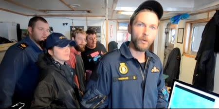 The crew of the research vessel Martin Bergmann of the Arctic Research Foundation is shown after they discovered the wreckage of the of HMS Terror in the bottom of Terror Bay in Canada on September 3, 2016. Courtesy Arctic Research Foundation/Handout via REUTERS