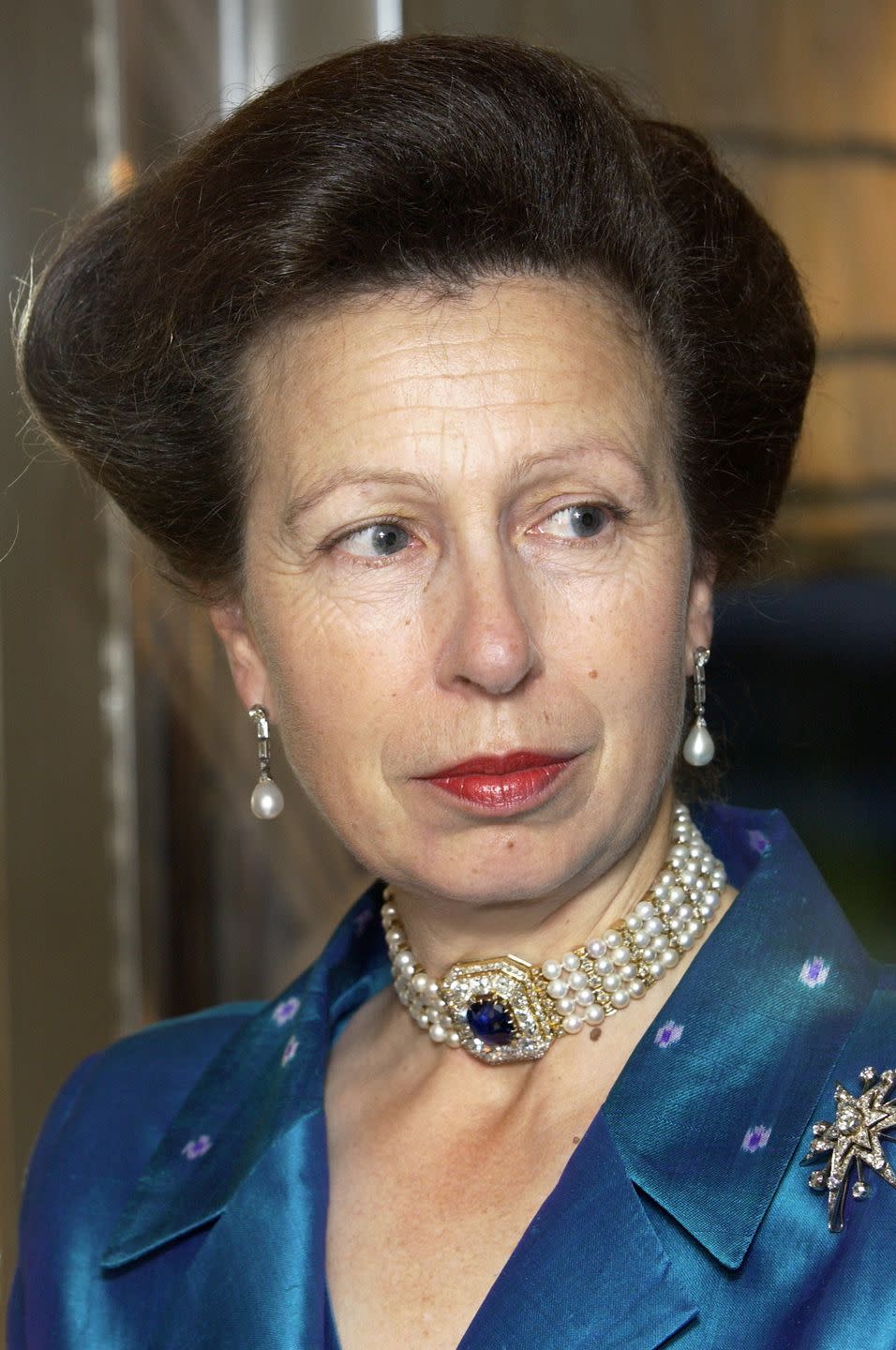 <p>Princess Anne's sapphire, diamond, and pearl choker was one of the many pieces from Russian Empress Marie Feodorovna's collection that Queen Mary later purchased. In 1953, Queen Elizabeth inherited the jewels from this cache, but as she rarely wears chokers, it is believed she passed this down to her daughter, either as a gift or longtime loan. The necklace can be taken apart to become a pair of bracelets, while the centerpiece turns into a brooch.</p>