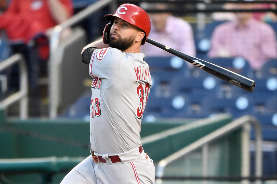 WASHINGTON, DC - MAY 25: Jesse Winker #33 of the Cincinnati Reds at bat against the Washington Nationals at Nationals Park on May 25, 2021 in Washington, DC. (Photo by Will Newton/Getty Images)