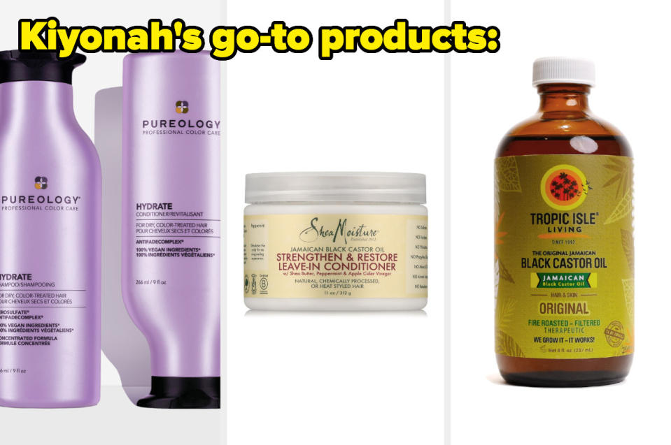 bottles of pureology shampoo and conditioner, a jar of shea moisture leave in conditioner, a glass bottle of black castor oil