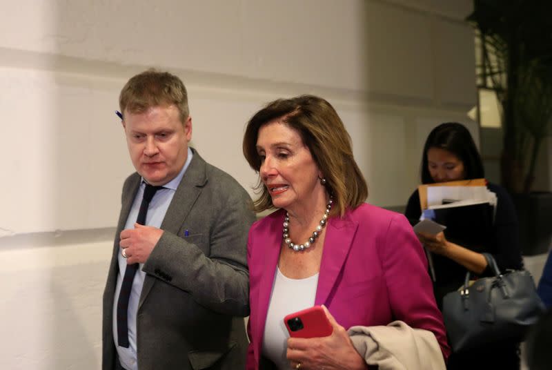 U.S. House Speaker Nancy Pelosi leaves a house democratic leadership meeting on Capitol Hill
