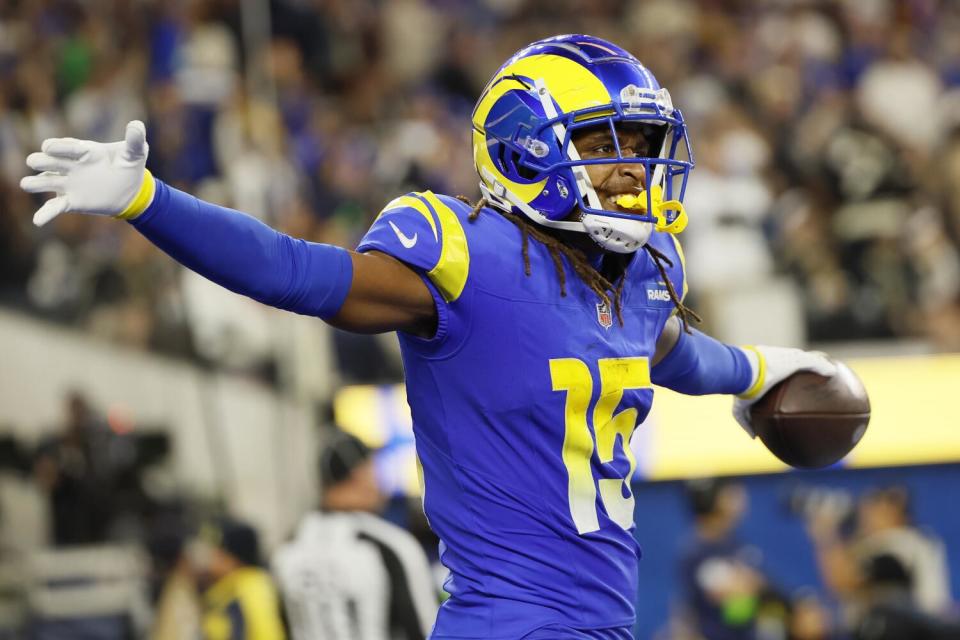 Rams wide receiver Demarcus Robinson celebrates a touchdown catch against the New Orleans Saints on Dec. 21.