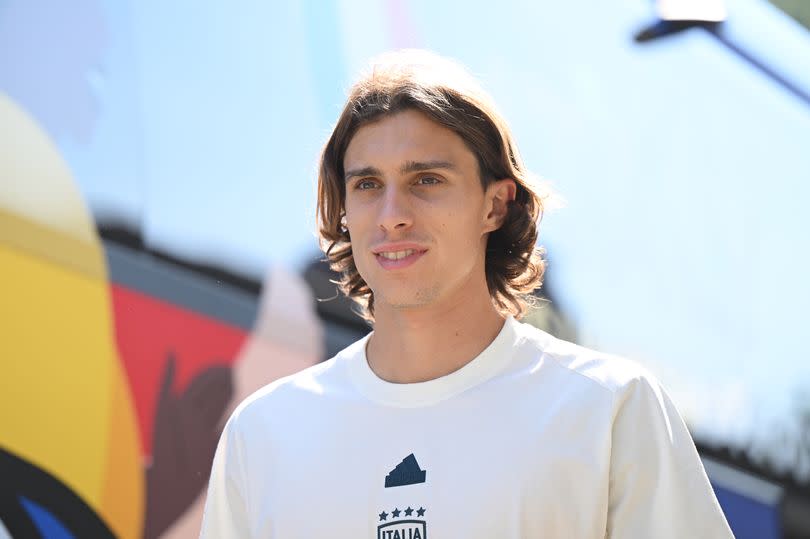 Riccardo Calafiori prior to an Italy training session.