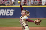 Florida State's Danielle Watson (31) pitches in the first inning against Oklahoma in the final game of the NCAA Women's College World Series softball championship series Thursday, June 10, 2021, in Oklahoma City. (AP Photo/Sue Ogrocki)