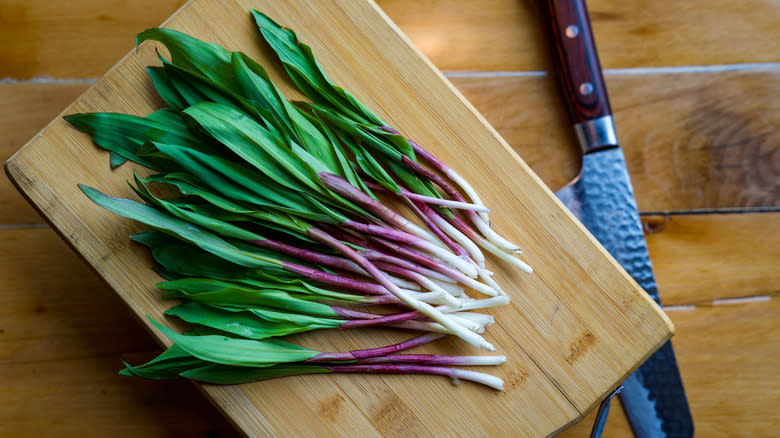 Ramps on cutting board with knife