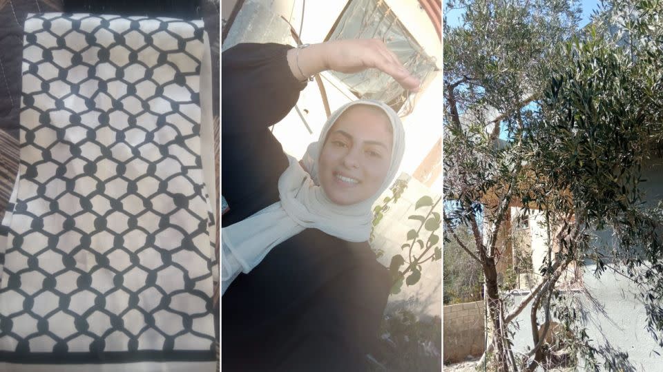 Raghad Ezzat Hamouda, 19 (center), has preserved a keffiyeh belonging to her late grandmother (left), and a branch from her family olive tree in Beit Lahia, (right) which her father planted. - Courtesy Raghad Ezzat Hamouda