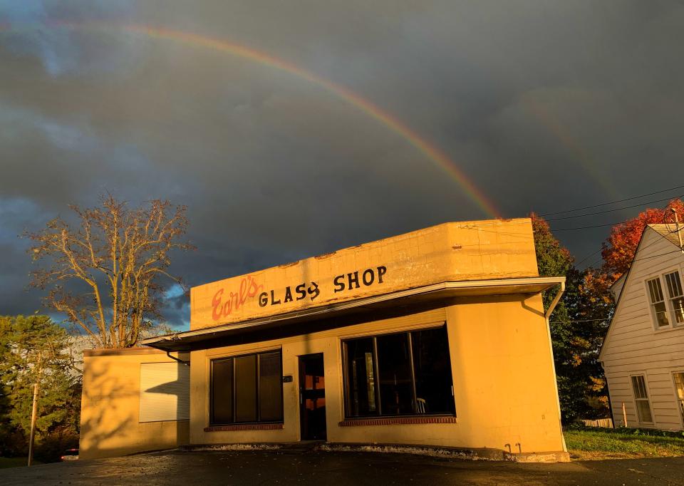 A rainbow forms over Earl's Glass Shop in Orange, Virginia on Oct. 289, 2021. 