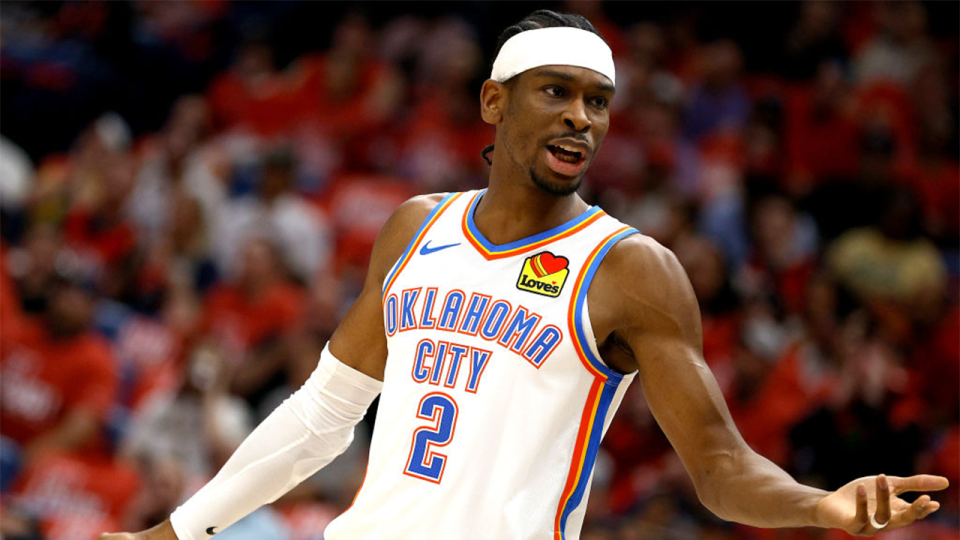 Shai Gilgeous-Alexander #2 of the Oklahoma City Thunder reacts to a call during the first quarter of Game Three of the first round of the 2024 NBA Playoffs against the New Orleans Pelicans at Smoothie King Center on April 27, 2024 in New Orleans, Louisiana.