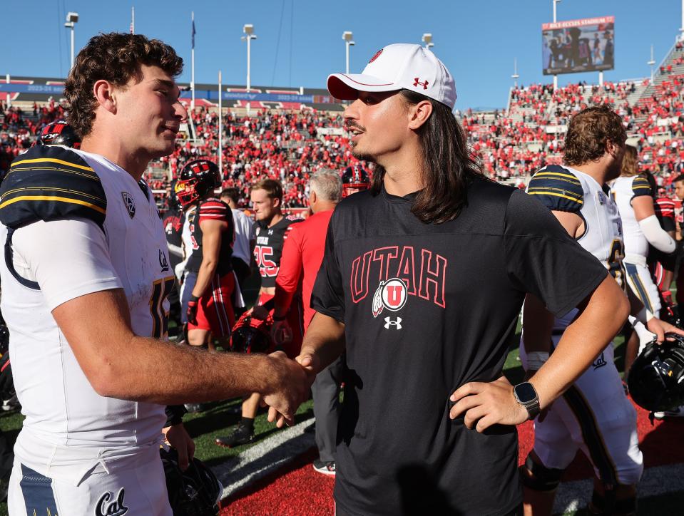 Utah Utes quarterback Cameron Rising (7) talks with California Golden Bears quarterback Fernando Mendoza (15) after the game in Salt Lake City on Saturday, Oct. 14, 2023. Utah won 34-14. | Jeffrey D. Allred, Deseret News