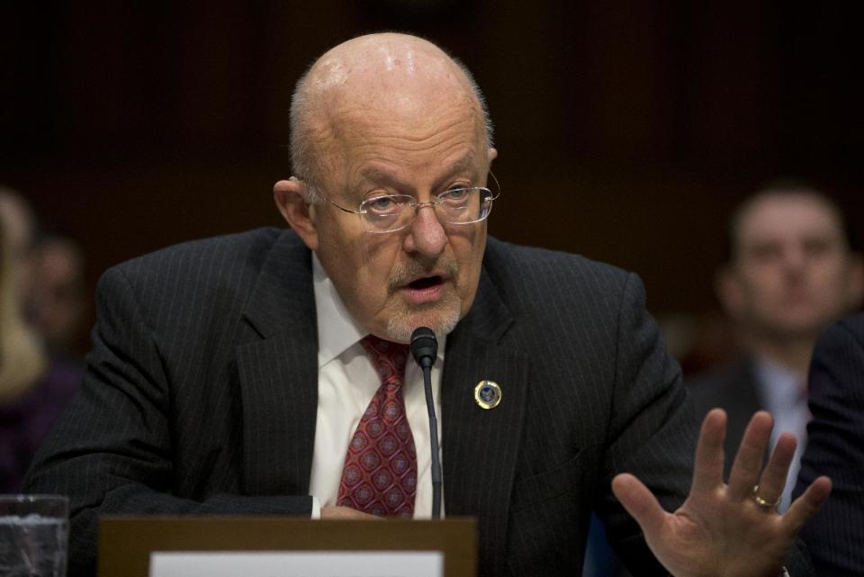 Director of National Intelligence James Clapper testifies on Capitol Hill in Washington, Wednesday, Jan. 29, 2014, before the Senate Intelligence Committee hearing on current and projected national security threats against the US. (AP Photo/Pablo Martinez Monsivais)