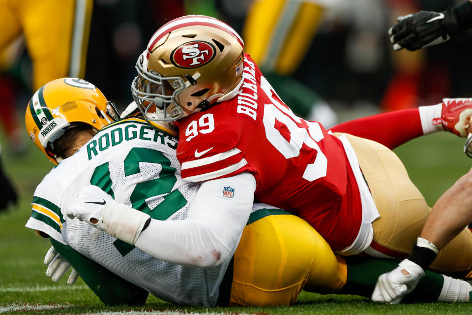 DeForest Buckner and the Niners made life miserable in two games against Packers quarterback Aaron Rodgers, including the NFC championship game. (Randy Vazquez/MediaNews Group/The Mercury News via Getty Images)