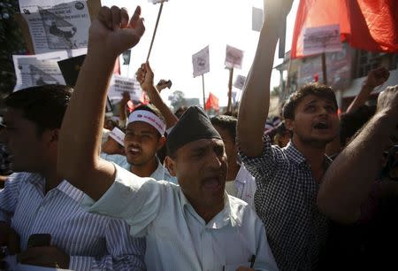 Demonstrators affiliated with Maoist Communist Center Nepal take part in a protest as they shout anti-India slogans near the Indian embassy in Kathmandu, Nepal September 30, 2015. REUTERS/Navesh Chitrakar