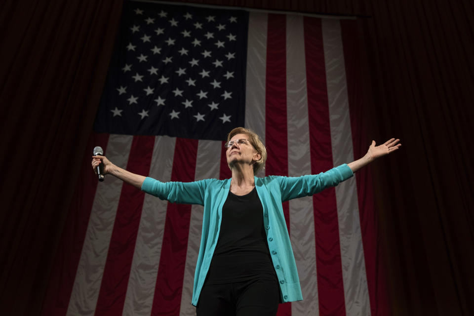 In this June 28, 2019 photo, Democratic presidential candidate Sen. Elizabeth Warren, D-Mass., arrives at Chicago's Auditorium Theater at Roosevelt University for a Chicago Town Hall event. Several Democratic White House hopefuls are explicitly connecting their faith to their agendas, making a values-based appeal to religious swing voters who will be critical in next year’s election after white evangelicals broke heavily for President Donald Trump. (AP Photo/Amr Alfiky)