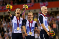 The Great Britain 3000m team pursuit cycling team has dominated finishing times since earlier in 2012 and continued to win Olympic gold with a new record. (L-R) <a href="http://yhoo.it/NiOPzb" rel="nofollow noopener" target="_blank" data-ylk="slk:Dani King;elm:context_link;itc:0;sec:content-canvas" class="link ">Dani King</a>, <a href="http://yhoo.it/NiOWuC" rel="nofollow noopener" target="_blank" data-ylk="slk:Laura Trott;elm:context_link;itc:0;sec:content-canvas" class="link ">Laura Trott</a>, and <a href="http://yhoo.it/NiP7Gd" rel="nofollow noopener" target="_blank" data-ylk="slk:Joanna Rowsell;elm:context_link;itc:0;sec:content-canvas" class="link ">Joanna Rowsell</a> stand with their medals on the Velodrome podium. (Getty Images)