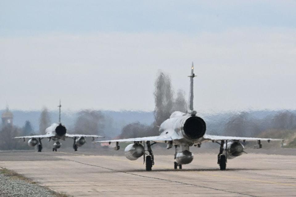 Mirage 2000-5F jet fighters prepare to take off from Luxeuil-Saint Sauveur air-base 116, in Saint-Sauveur, eastern France, on March 13, 2022.