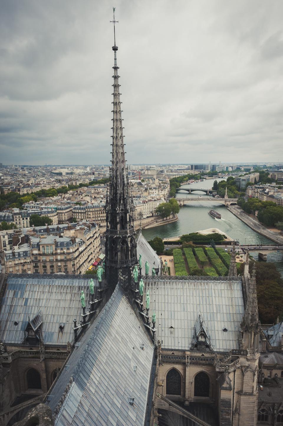 Notre-Dame's spire, which was added to the cathedral's roofline much later than many might suppose. “What we're really seeing is a 19th-century building that looks like a 13th-century building,” says Jacqueline Jung, associate professor in Yale University's department of history of art, of the iconic building before Monday's fire.