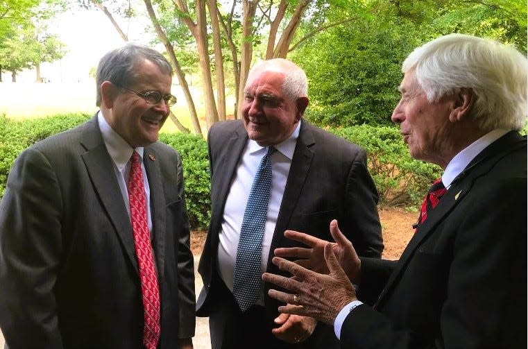 UGA President Jere Morehead, left, Chancellor Sonny Perdue enjoy a conversation prior to the groundbreaking ceremony.