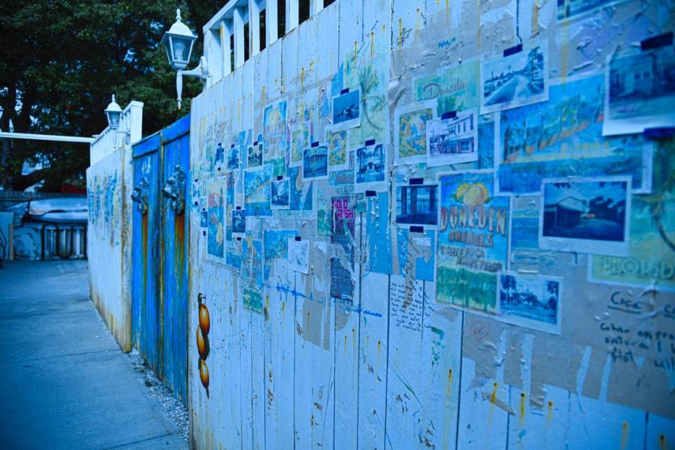 Collage de imágenes, carteles y fotos sobre la historia de la ciudad de Dunedin.