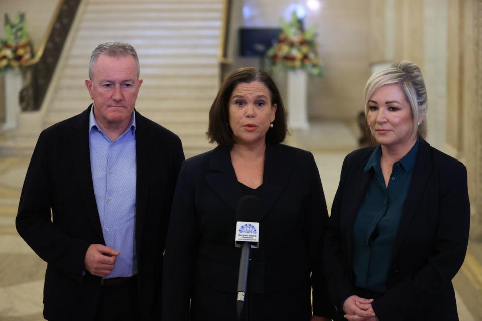 Sinn Fein representatives Conor Murphy, president Mary Lou McDonald and vice-president Michelle O'Neill (PA)