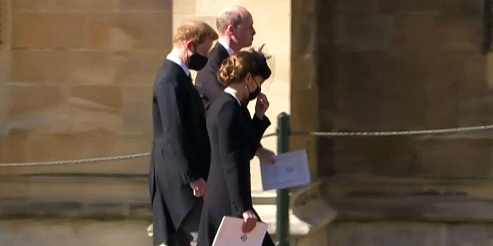 William, Harry and Kate, the Duchess of Cambridge, walked together as they left St. George's Chapel.  (NBC)