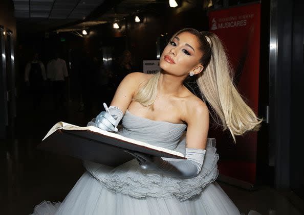 LOS ANGELES, CALIFORNIA - JANUARY 26: Ariana Grande is seen at the GRAMMY Charities Signings during the 62nd Annual GRAMMY Awards at STAPLES Center on January 26, 2020 in Los Angeles, California. (Photo by Robin Marchant/Getty Images for The Recording Academy)