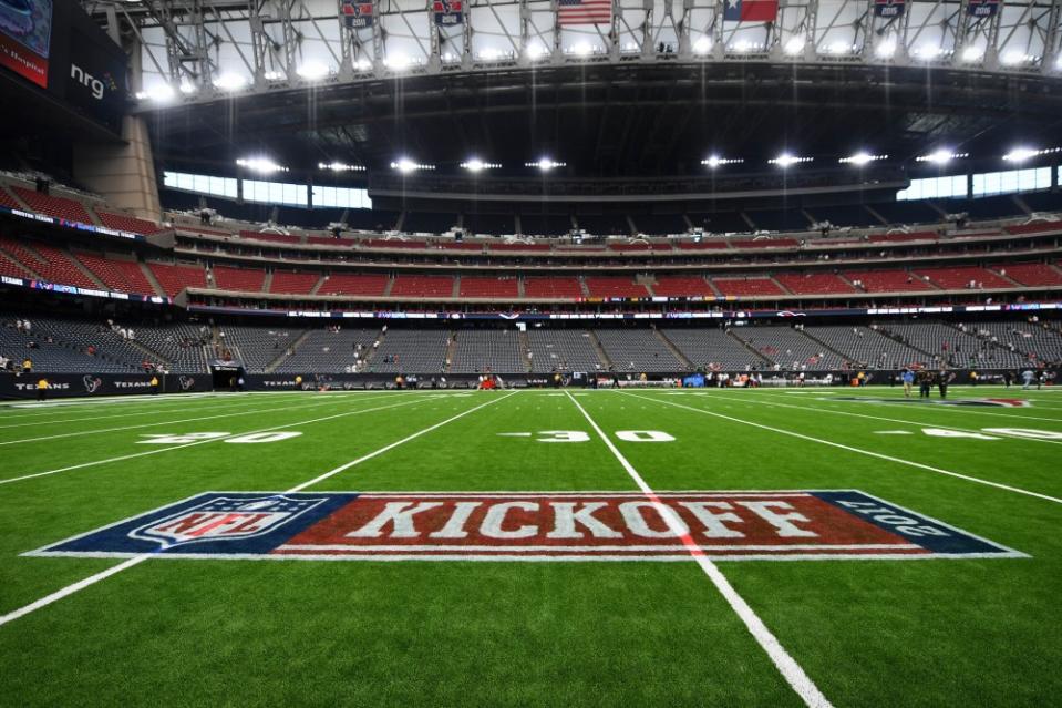 Sep 10, 2017; Houston, TX, USA; View of the NFL Kickoff 2017 logo on the field after the game between the <a class="link " href="https://sports.yahoo.com/nfl/teams/houston/" data-i13n="sec:content-canvas;subsec:anchor_text;elm:context_link" data-ylk="slk:Houston Texans;sec:content-canvas;subsec:anchor_text;elm:context_link;itc:0">Houston Texans</a> and the <a class="link " href="https://sports.yahoo.com/nfl/teams/jacksonville/" data-i13n="sec:content-canvas;subsec:anchor_text;elm:context_link" data-ylk="slk:Jacksonville Jaguars;sec:content-canvas;subsec:anchor_text;elm:context_link;itc:0">Jacksonville Jaguars</a> at NRG Stadium. Mandatory Credit: Shanna Lockwood-USA TODAY Sports