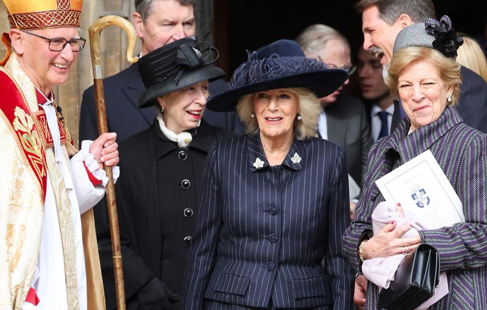 britain's princess anne, princess royal, britain's queen camilla and greece's former queen anne marie leave after attending a thanksgiving service for the life of king constantine of the hellenes, at st george's chapel at windsor castle on february 27, 2024 photo by chris jackson pool afp photo by chris jacksonpoolafp via getty images